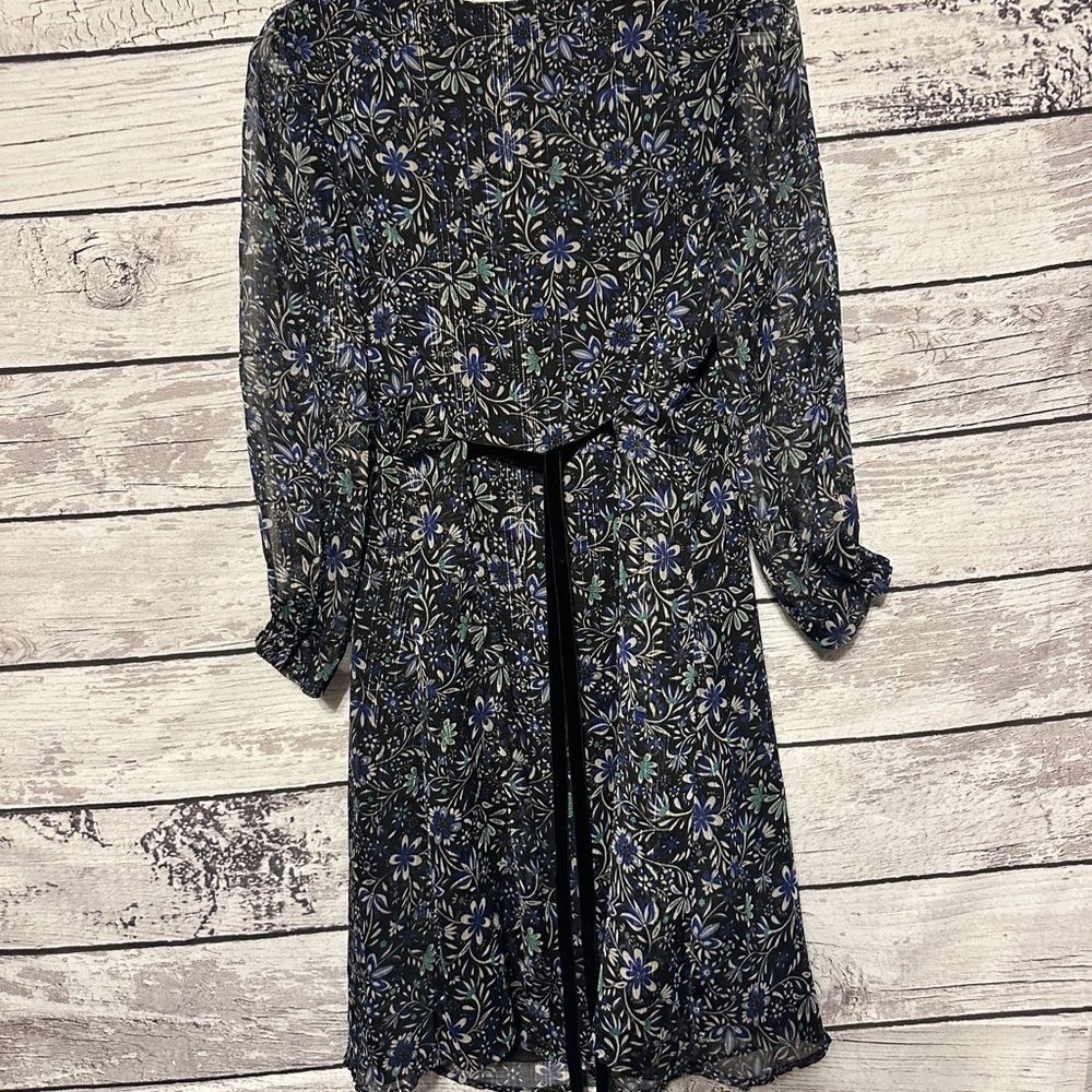 LOFT Black Floral Dress Size 8 | Sheer Overlay Tie Waist - Picture 7 of 7